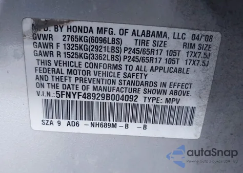 2009 Honda Pilot Touring from USA, damaged, VIN 5FNYF48929B004092